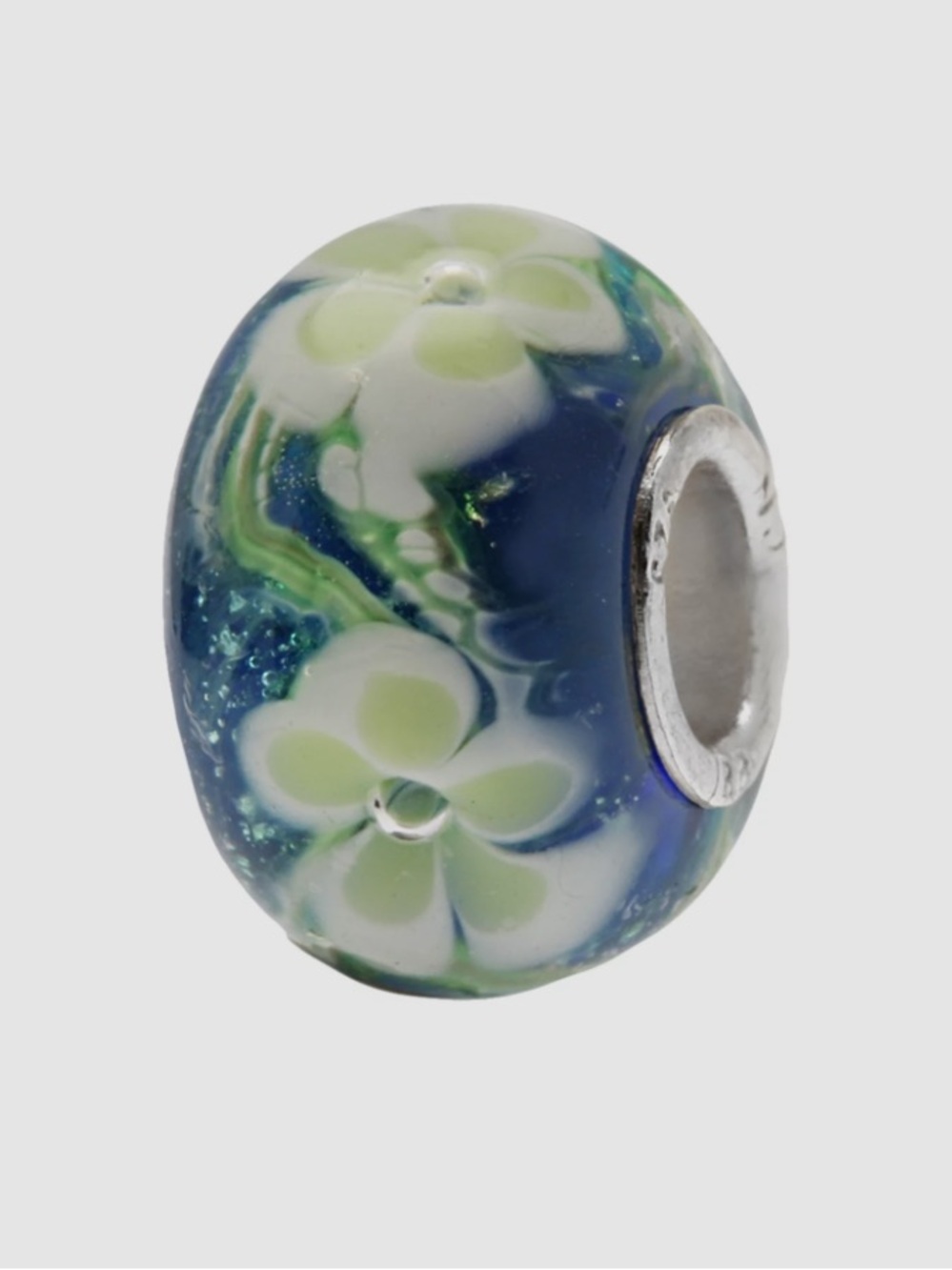 LK NW 🌸 STAMPED 925 THAI STERLING SILVER BLUE & GREEN FLORAL GLASS BEAD CHARM - Picture 3 of 10